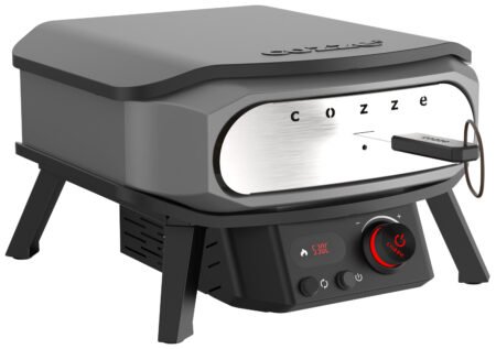 COZZE Pizzaofen elektrisch PREMIUM 34 cm 13" mit drehbarem Pizzastein & Digital-Thermometer - inkl. Hitzeschild