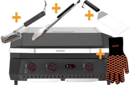 COZZE G 800 COMBO Plancha Grill mit Grillrost Starterset mit COZZE Grillbesteck Grillzange, Grillwender, Grillbürste und Grillhandschuhe