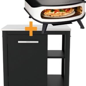COZZE Pizzastation mit Gas Pizzaofen 42,5 cm 17" mit Thermometer & rotierendem Pizzastein - inkl. Hitzeschild und Schrankmodul 90 cm