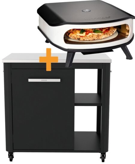 COZZE Pizzastation mit Gas Pizzaofen 42,5 cm 17" mit Thermometer & rotierendem Pizzastein - inkl. Hitzeschild und Schrankmodul 90 cm