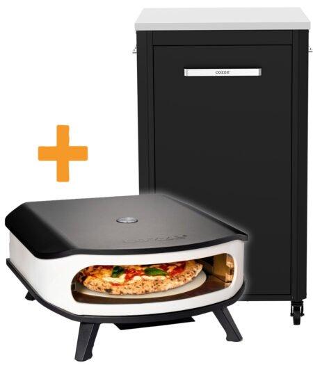 COZZE Pizzaofen Gas 42,5 cm 17" mit rotierendem Pizzastein inkl. Hitzeschild + Schrankmodul 1 türig