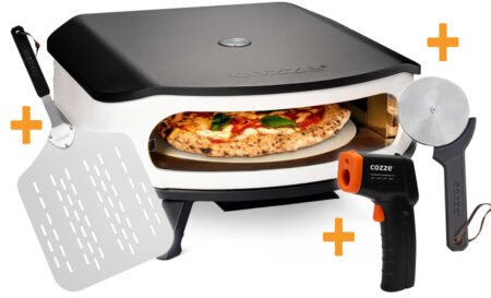 COZZE Pizzaofen Gas 42,5 cm 17" mit rotierendem Pizzastein - inkl. Hitzeschild + Starter Kit Pizzaschieber, Pizzaschneider und Infrarot Thermometer
