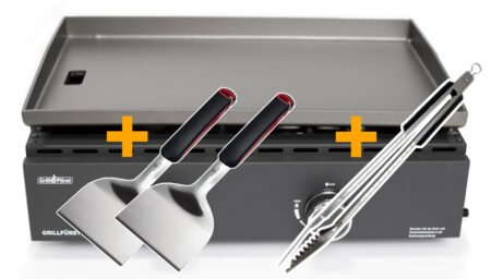 Grillfürst Plancha Grill 2 Brenner mit insgesamt 7 kW und Edelstahl Plancha inkl. 2 Stk. Plancha Spatel und Grillzange