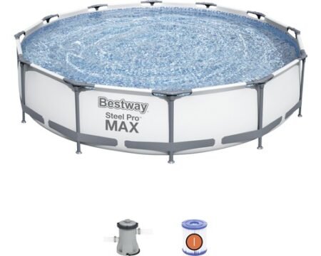 Aufstellpool Framepool Set Bestway Steel Pro MAX rund 366x76 cm inkl. Kartuschenfilteranlage hellgrau